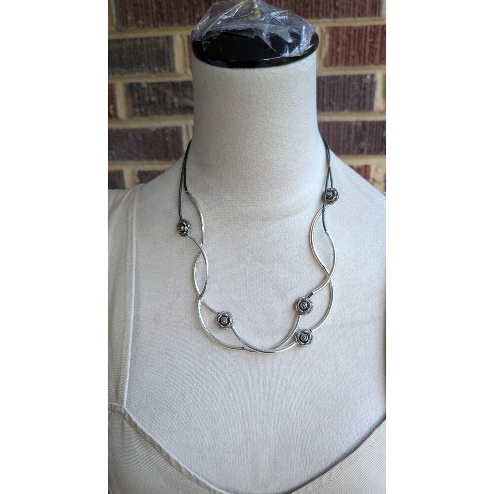 Vintage Lizzy James Silver Tone & Leather 2-Strand Necklace w/ Rosettes